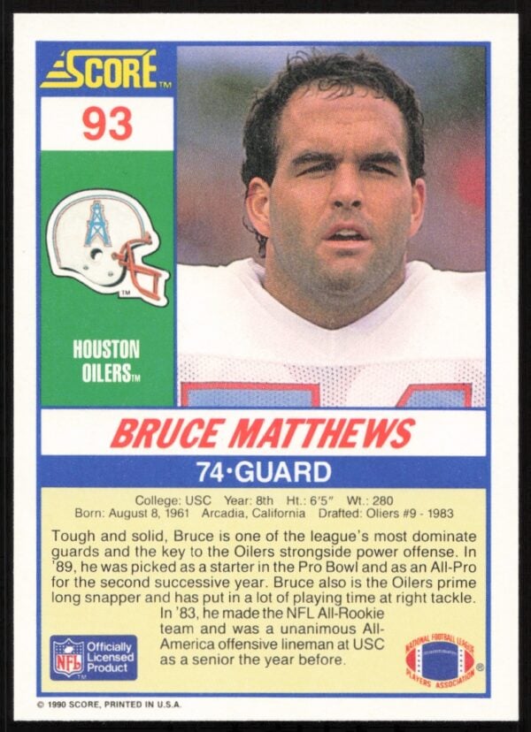 1990 Score Bruce Matthews #93 (Back)