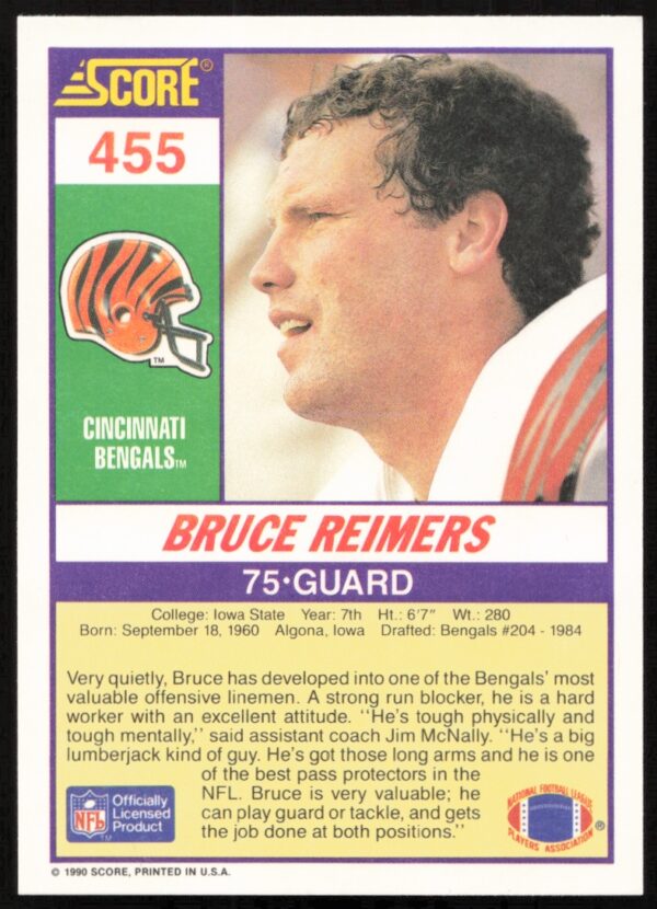 1990 Score Bruce Reimers #455 (Back)