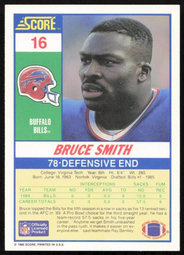 1990 Score Bruce Smith #16 (Back)