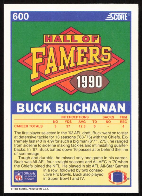 1990 Score Buck Buchanan (Error on Back - Draft Year Incorrect) #600 (Back)