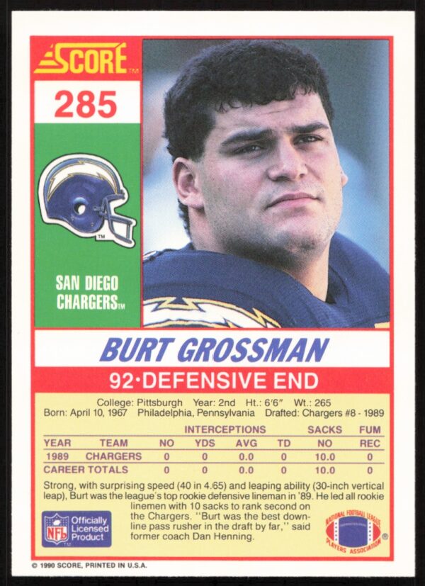 1990 Score Burt Grossman #285 (Back)