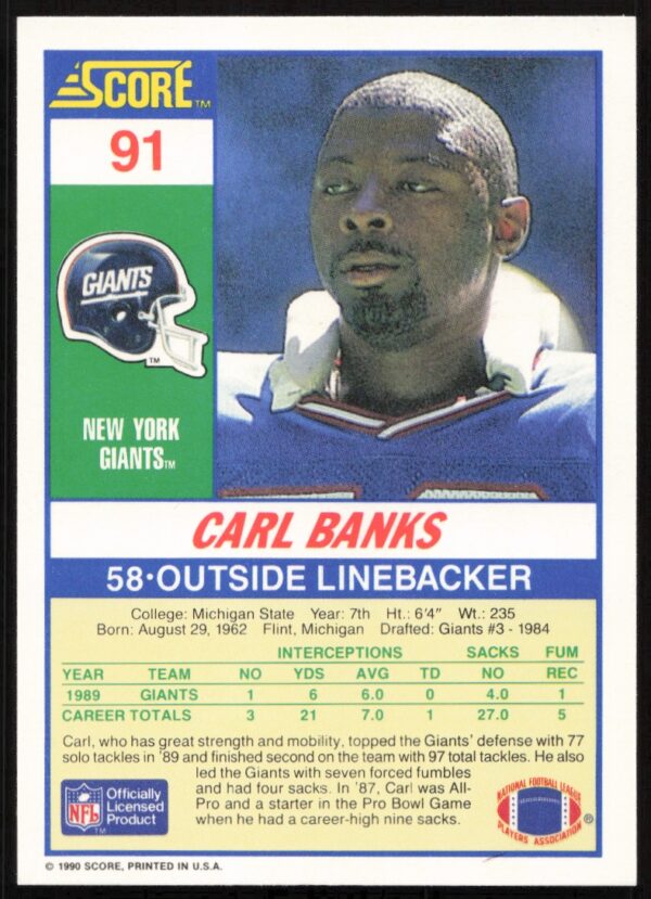 1990 Score Carl Banks #91 (Back)