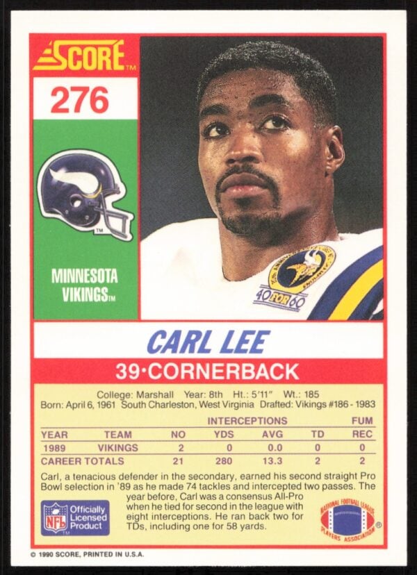 1990 Score Carl Lee #276 (Back)