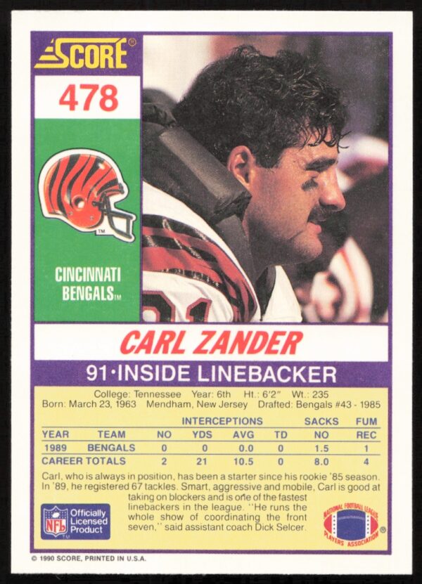 1990 Score Carl Zander #478 (Back)