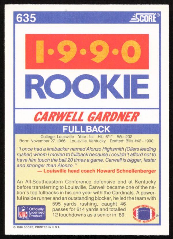 1990 Score Carwell Gardner #635 (Back)