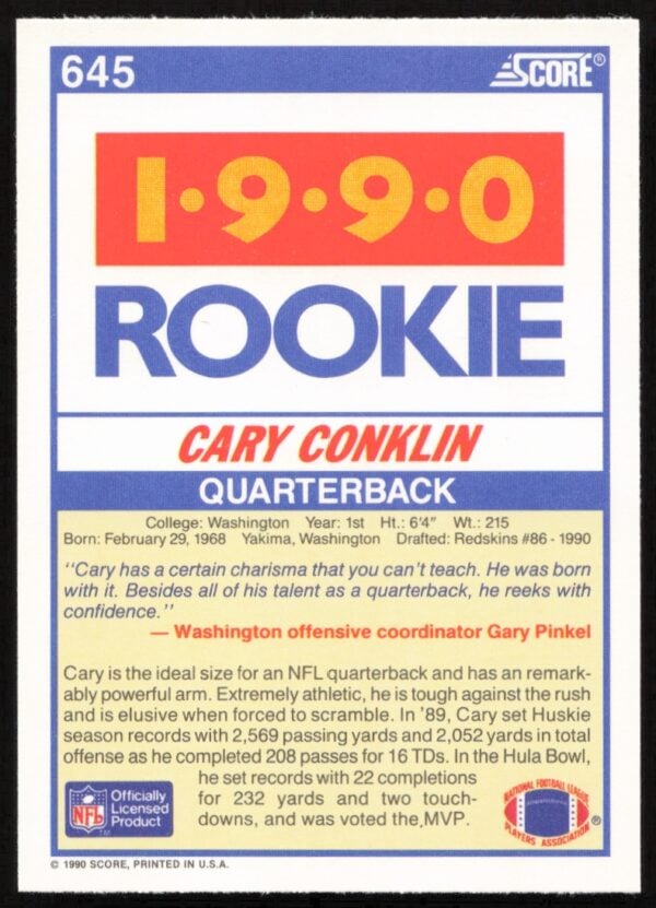 1990 Score Cary Conklin #645 (Back)