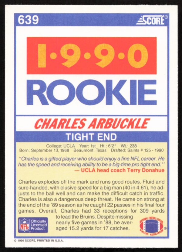 1990 Score Charles Arbuckle #639 (Back)