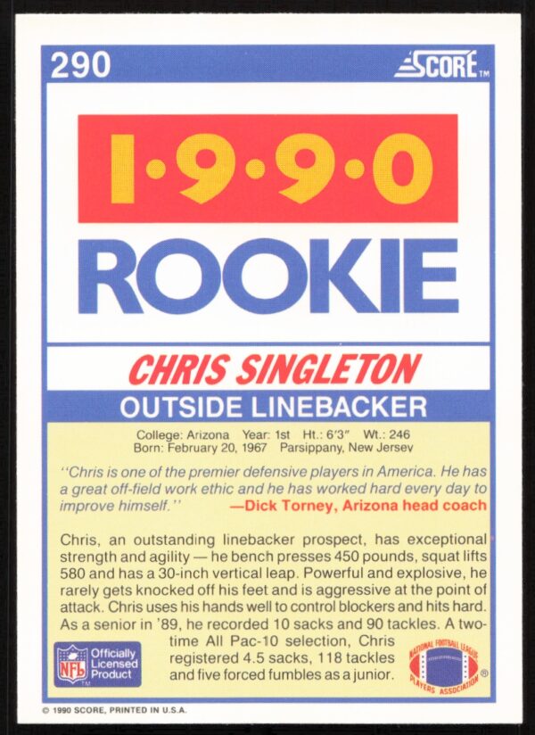 1990 Score Chris Singleton #290 (Back)