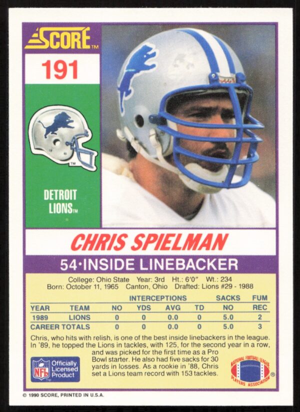 1990 Score Chris Spielman #191 (Back)
