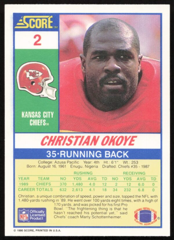 1990 Score Christian Okoye #2 (Back)