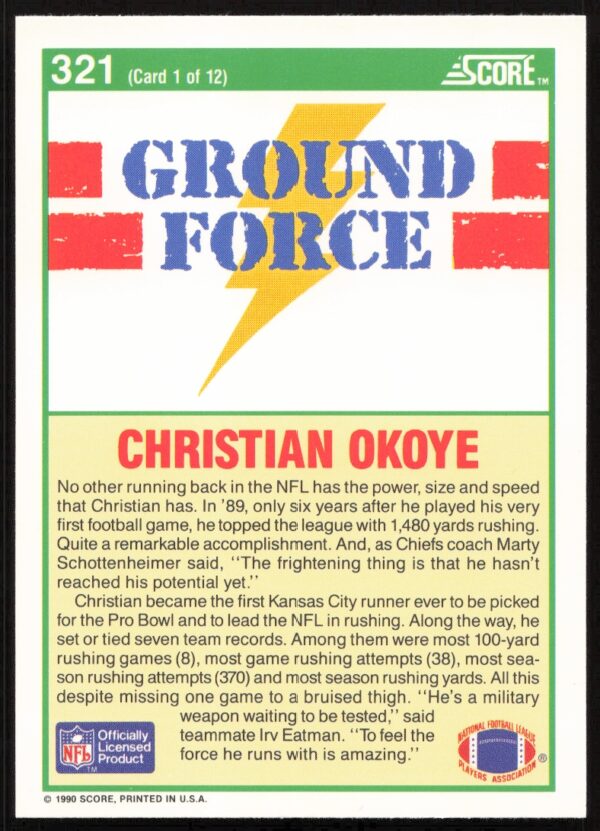 1990 Score Christian Okoye #321 (Back)