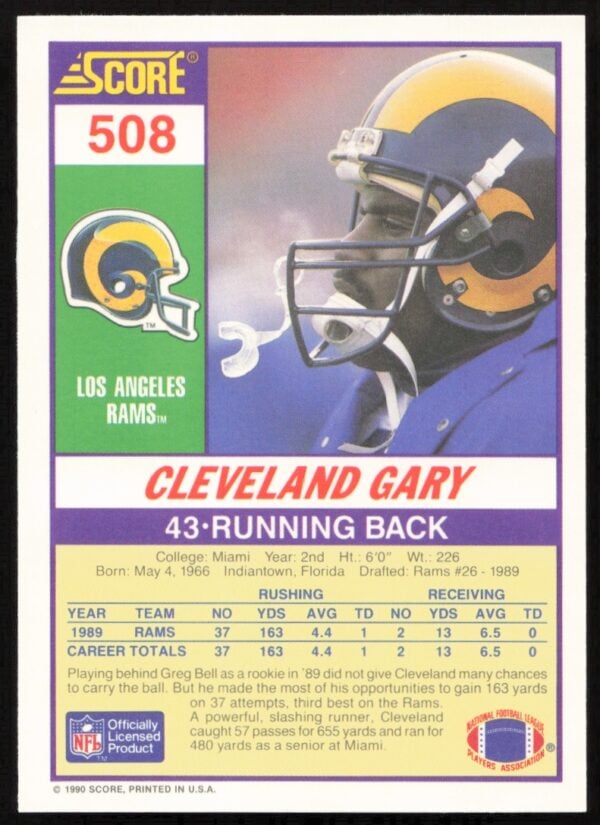 1990 Score Cleveland Gary #508 (Back)