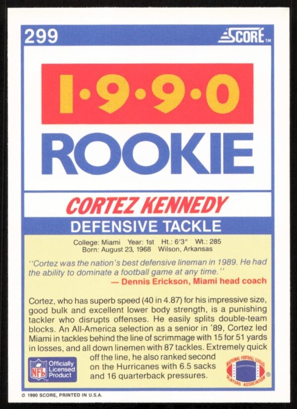 1990 Score Cortez Kennedy #299 (Back)