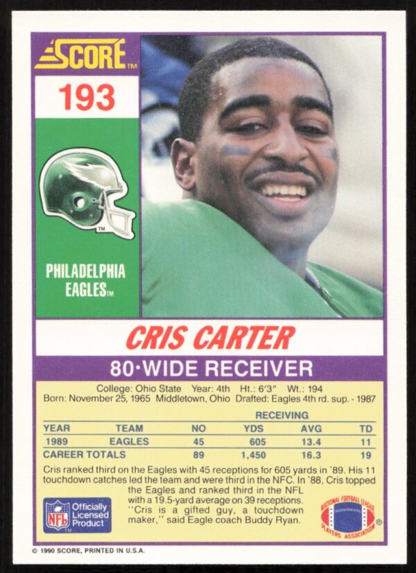 1990 Score Cris Carter #193 (Back)