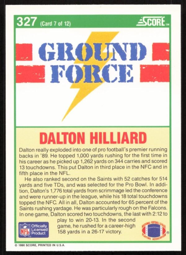 1990 Score Dalton Hilliard #327 (Back)