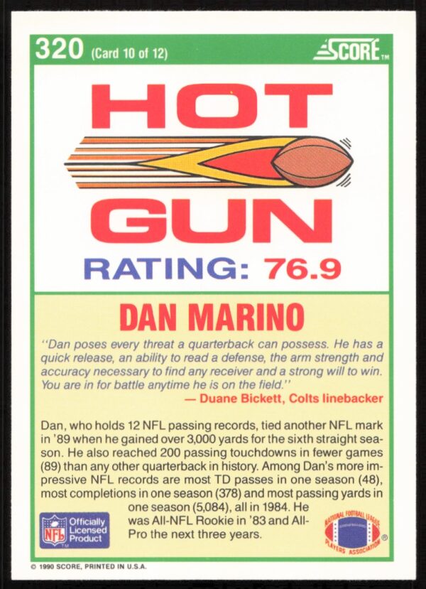 1990 Score Dan Marino #320 (Back)