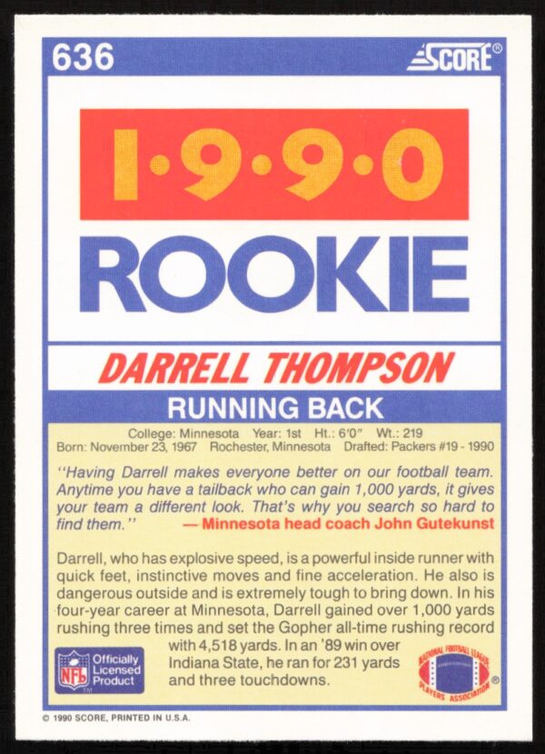 1990 Score Darrell Thompson #636 (Back)