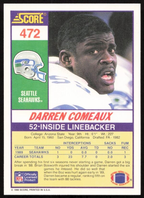 1990 Score Darren Comeaux #472 (Back)