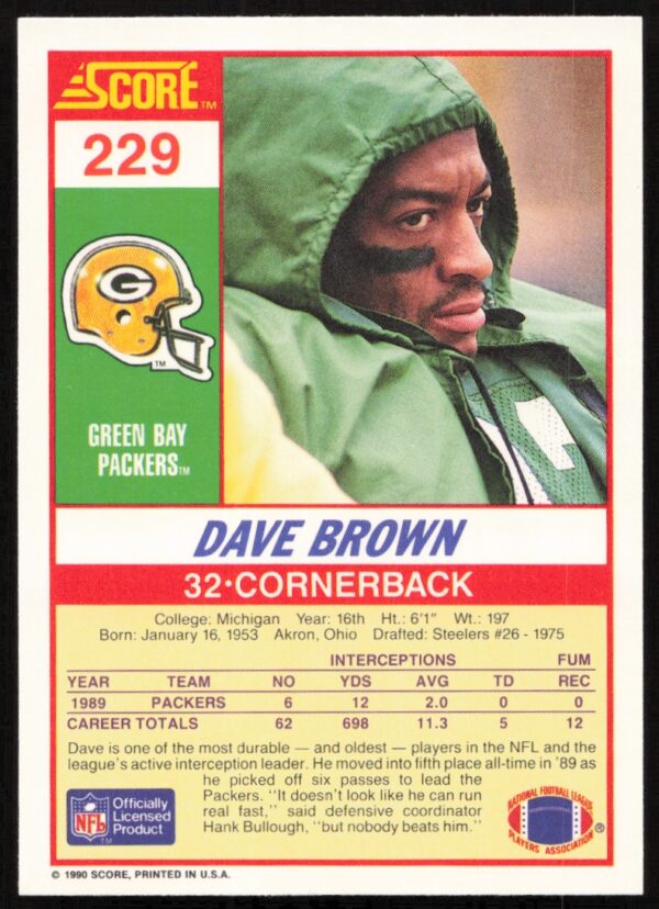 1990 Score Dave Brown #229 (Back)