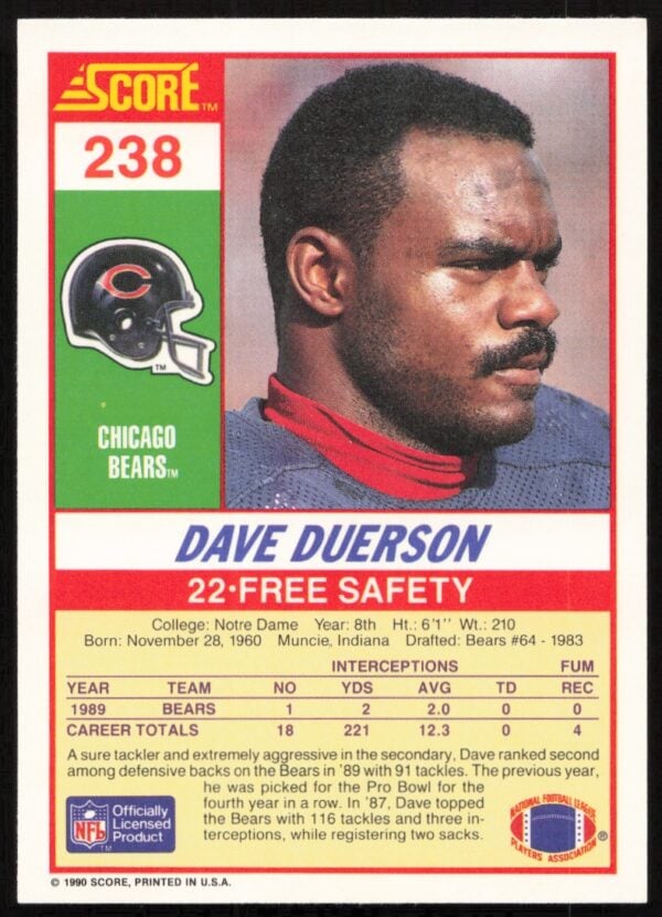 1990 Score Dave Duerson #238 (Back)