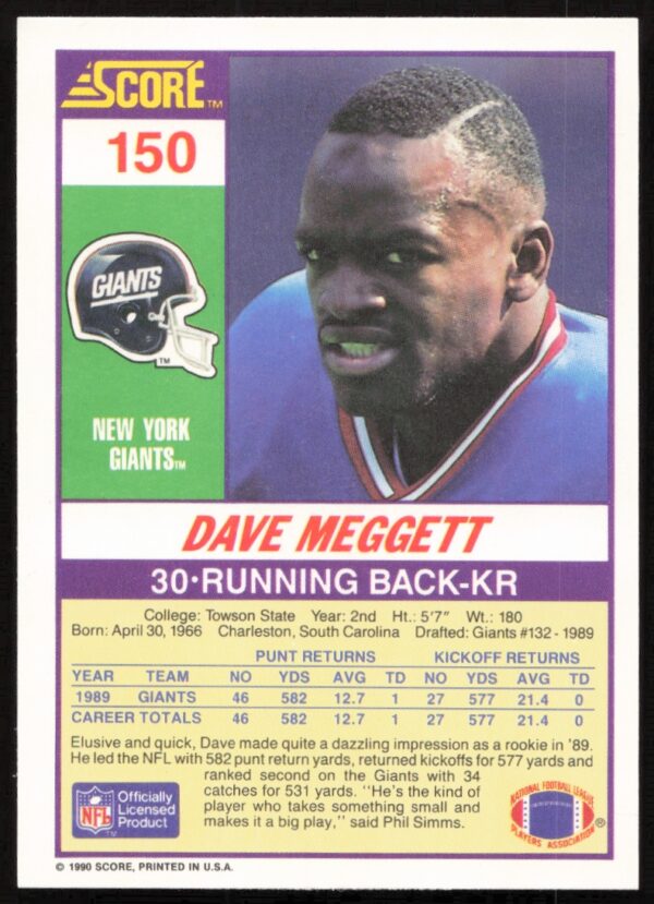 1990 Score Dave Meggett #150 (Back)