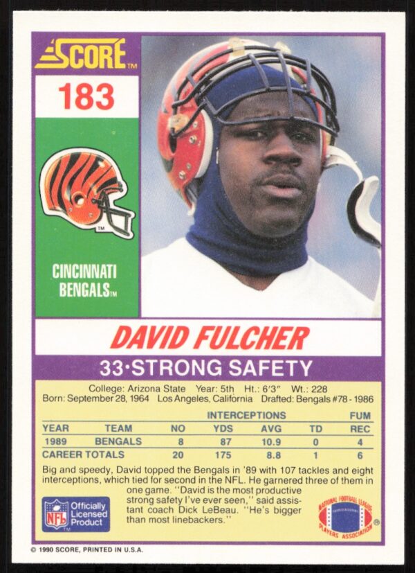 1990 Score David Fulcher #183 (Back)