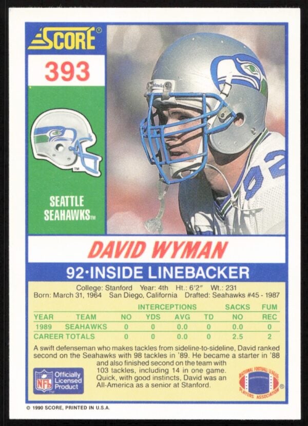 1990 Score David Wyman #393 (Back)