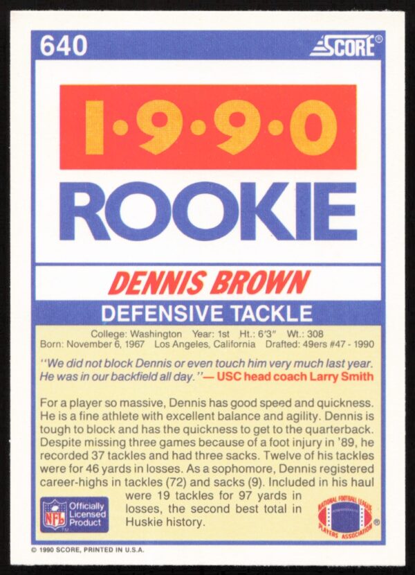 1990 Score Dennis Brown #640 (Back)