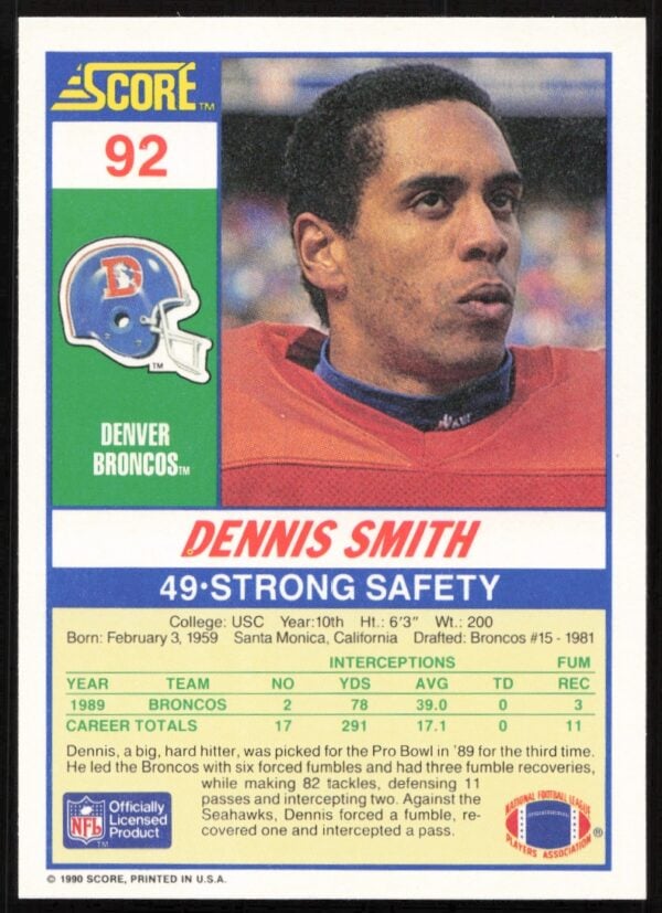1990 Score Dennis Smith #92 (Back)