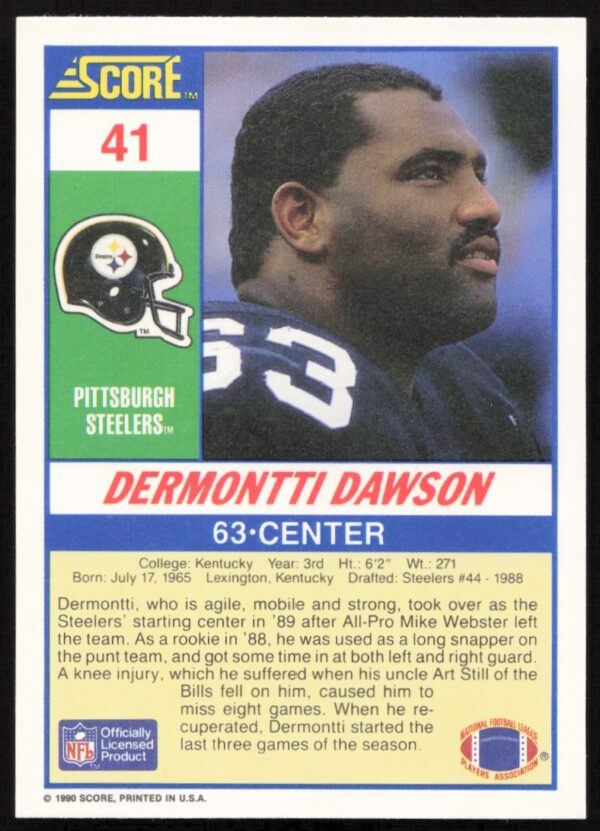 1990 Score Dermontti Dawson #41 (Back)