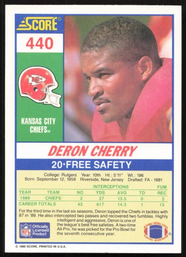 1990 Score Deron Cherry #440 (Back)