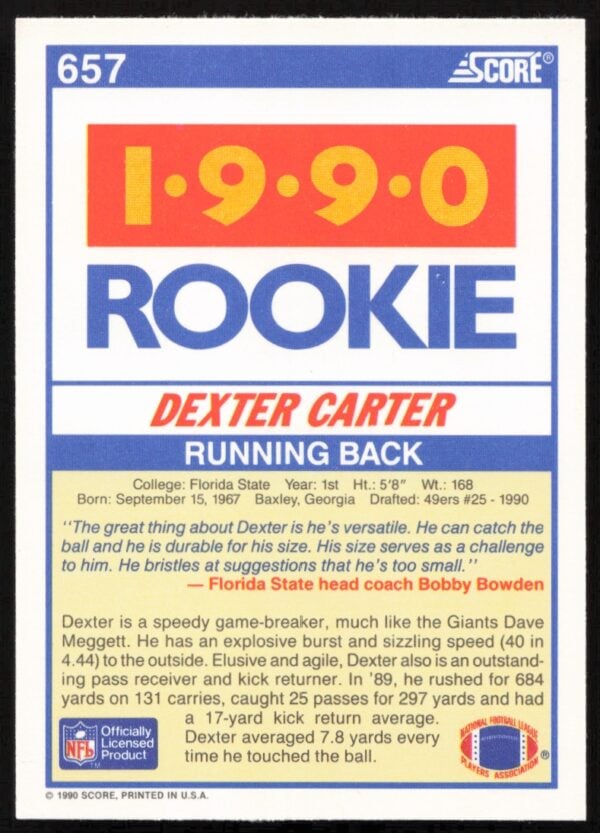 1990 Score Dexter Carter #657 (Back)