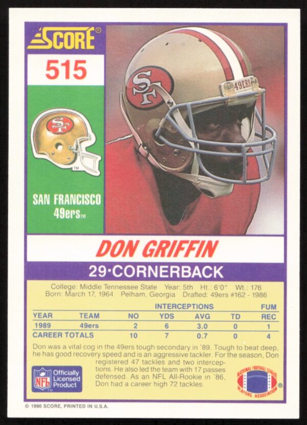 1990 Score Don Griffin #515 (Back)