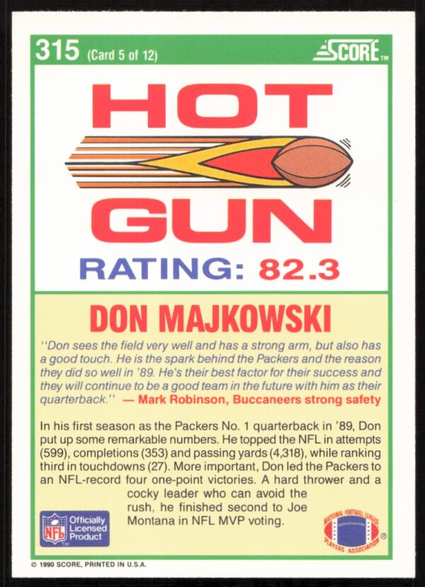 1990 Score Don Majkowski #315 (Back)