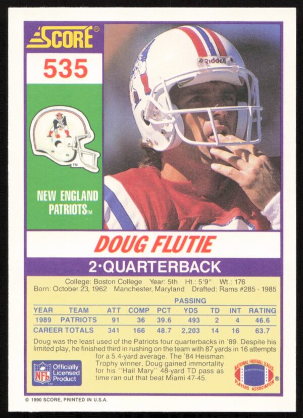 1990 Score Doug Flutie #535 (Back)