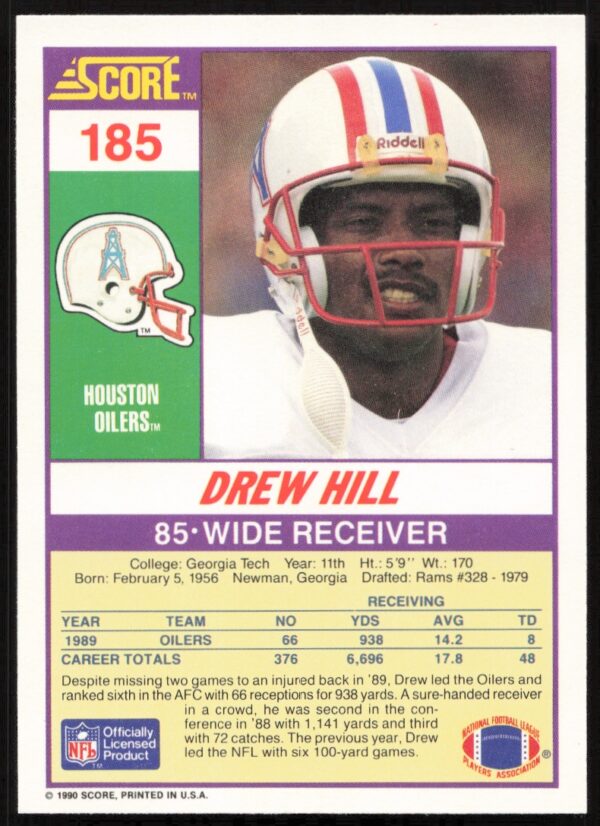 1990 Score Drew Hill #185 (Back)