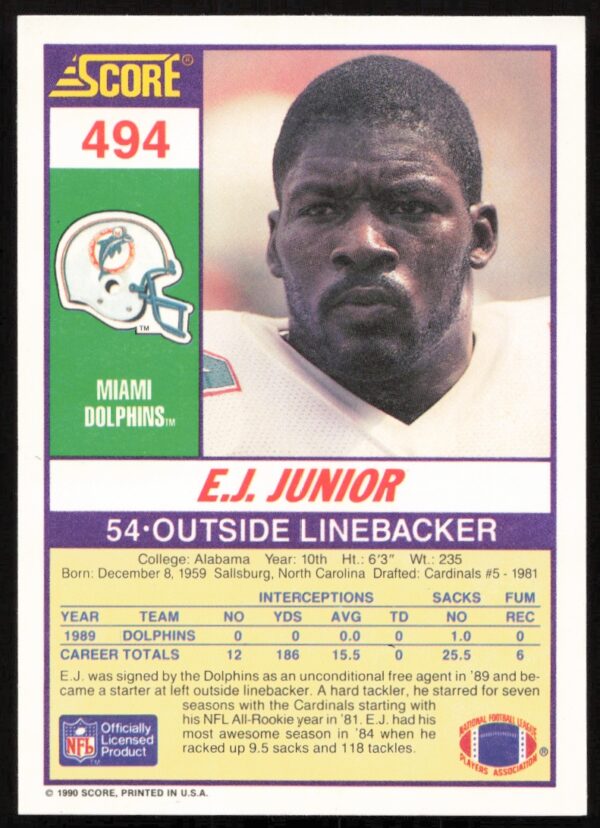 1990 Score E.J. Junior #494 (Back)