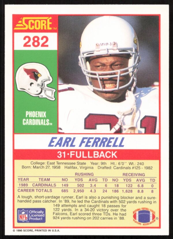 1990 Score Earl Ferrell #282 (Back)