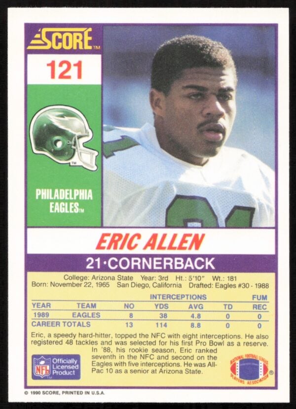 1990 Score Eric Allen #121 (Back)