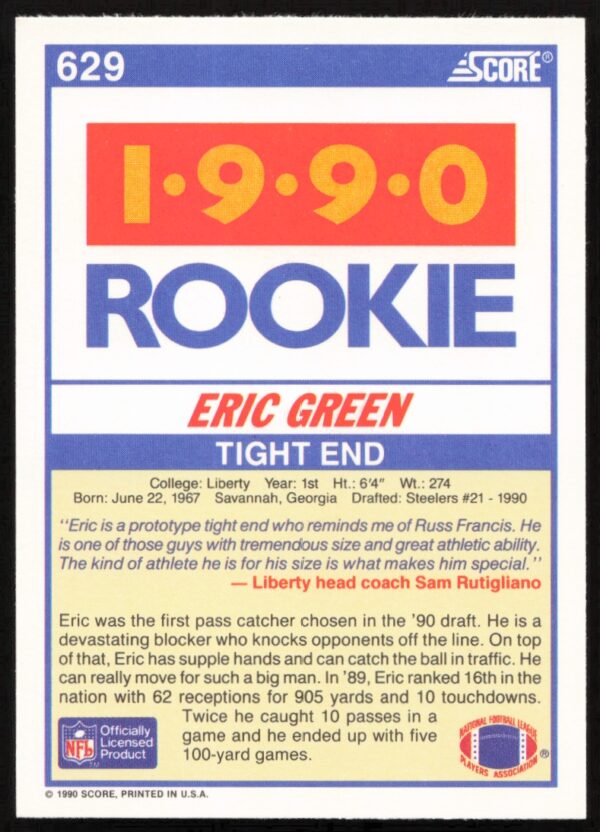 1990 Score Eric Green #629 (Back)