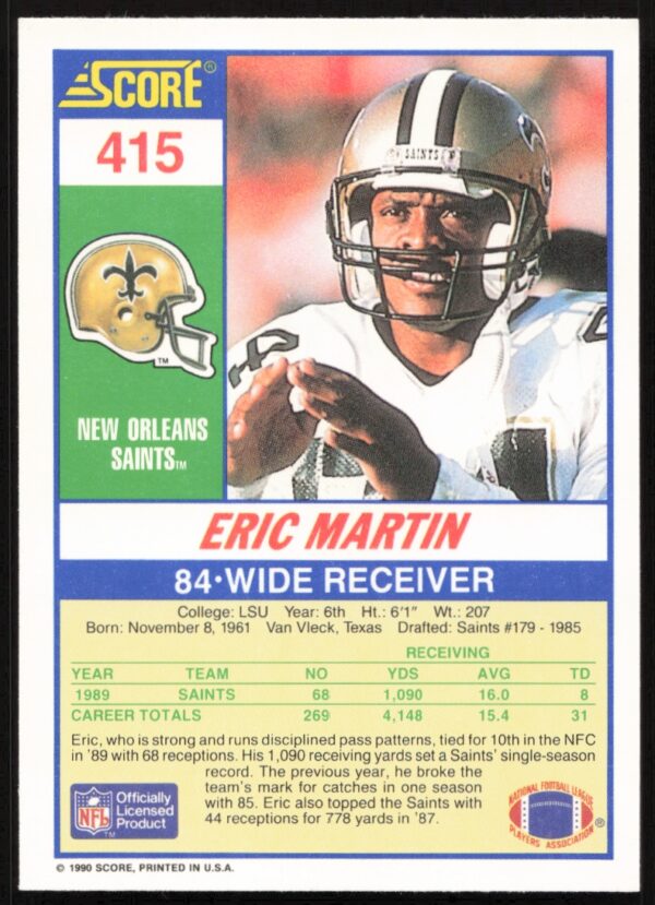 1990 Score Eric Martin #415 (Back)