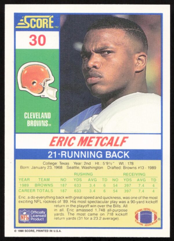 1990 Score Eric Metcalf #30 (Back)