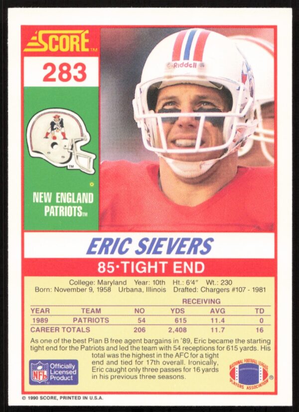 1990 Score Eric Sievers #283 (Back)