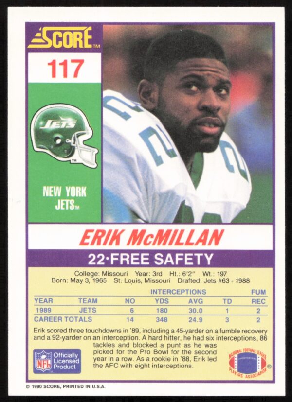 1990 Score Erik McMillan #117 (Back)