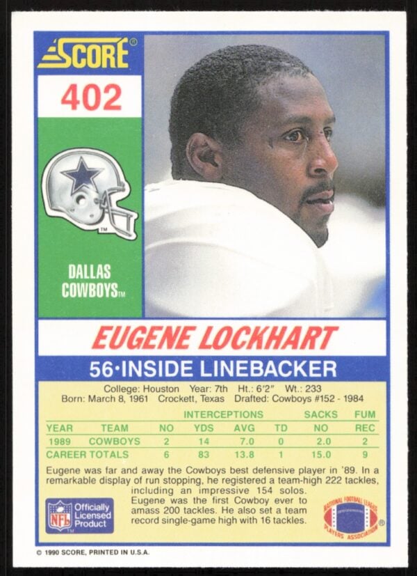 1990 Score Eugene Lockhart #402 (Back)