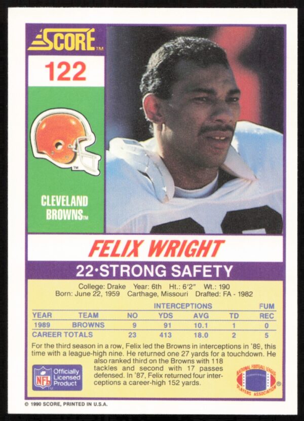 1990 Score Felix Wright #122 (Back)