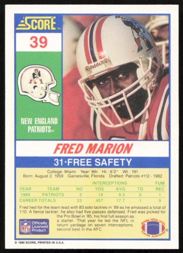 1990 Score Fred Marion #39 (Back)