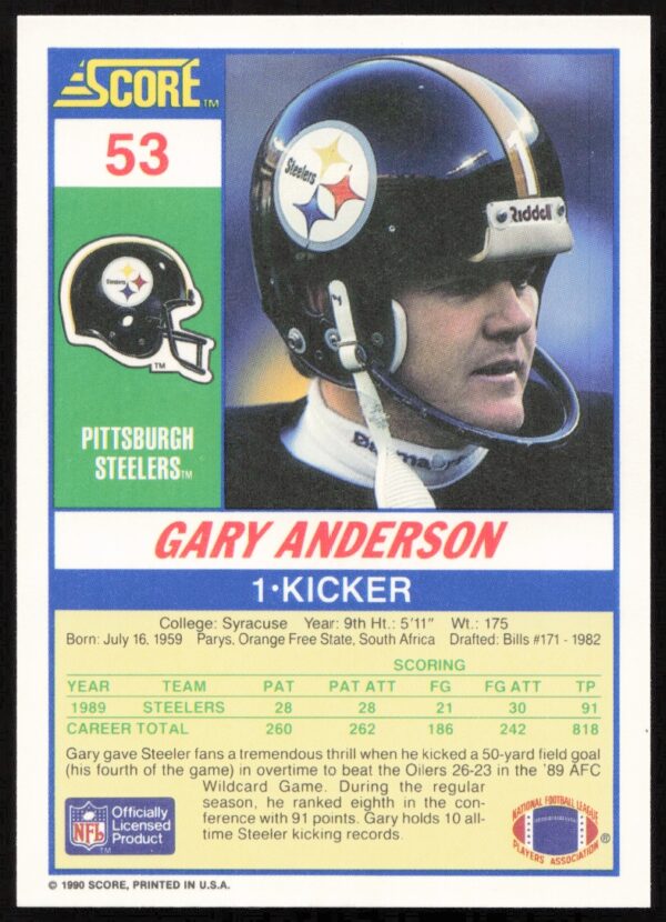 1990 Score Gary Anderson #53 (Back)