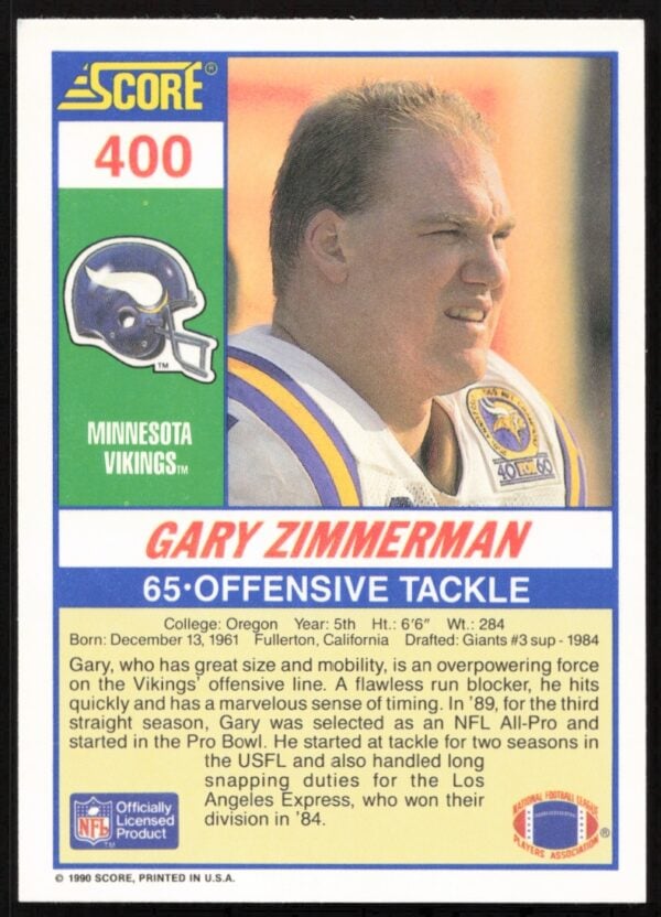 1990 Score Gary Zimmerman #400 (Back)