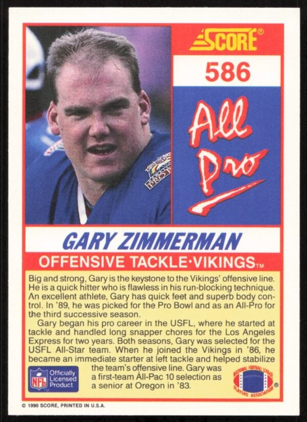 1990 Score Gary Zimmerman #586 (Back)